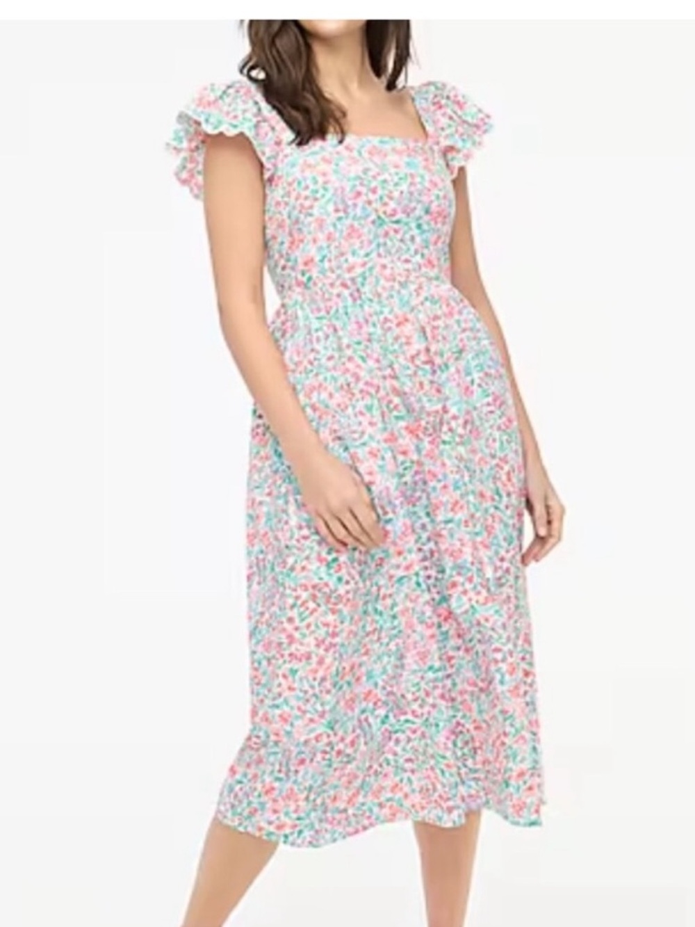 NWOT jcrew Floral Square-Neck Midi Dress in Pink & Mint